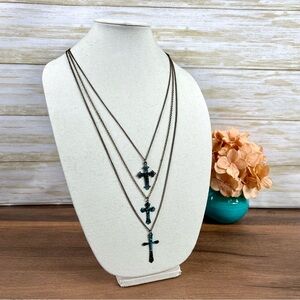 Elegant 3-Strand Layered Cross Charm Necklace